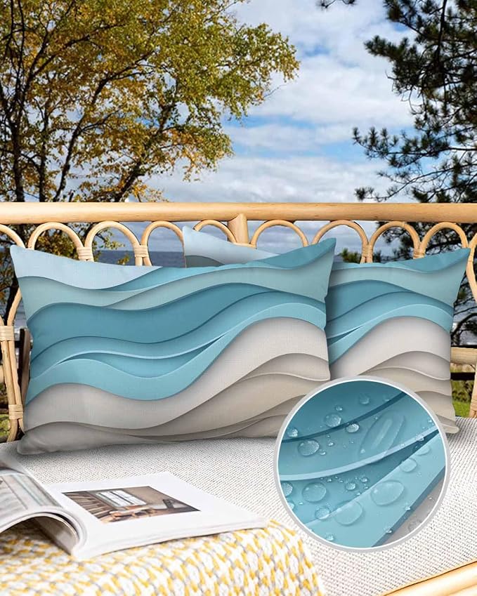 Pack of 2 Ombre Blue Brown Outdoor Pillow Waterproof Covers 20x12 inch, Abstract Wave Polyester Throw Pillow Covers Garden Cushion Decorative Case for Patio Couch Decoration