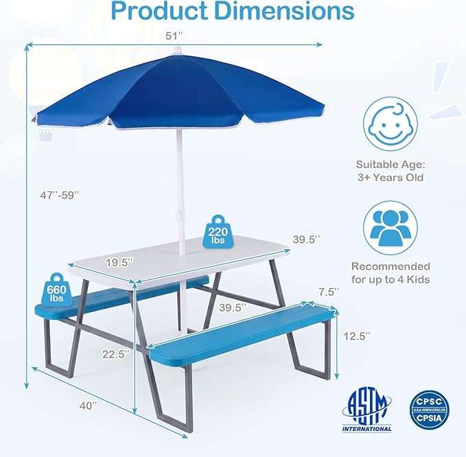 Costzon Kids Picnic Table, Toddler Outdoor Table & Bench Set with Removable Umbrella, HDPE Tabletop, Metal Frame, Kids Outdoor Furniture for Patio Backyard Garden, Fits 4 Children Age 3+ (Blue)