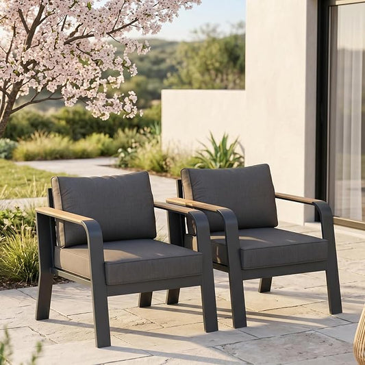 Garvee Aluminum Outdoor Patio Furniture 2 Pcs Single Cushioned Sofa Armchair All-Weather Metal Outside Furniture with Washable Thick Cushion Outdoor Sofa for Garden Balcony Deck Backyard, Dark Grey