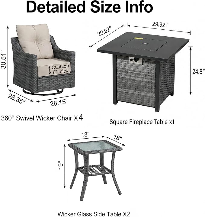 7 Piece Patio Furniture Set with 6" Thick Cushions, Weather-Resistant Wicker Swivel Rocker High Back Chairs and Fire Pit Table for Porch Yard Deck