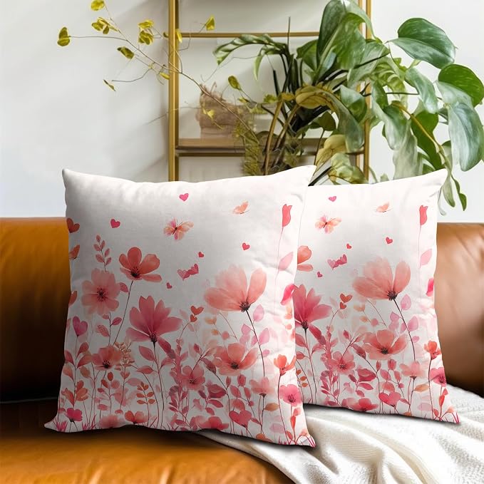 Floral Throw Pillow Covers 22x22 Inch – Pack of 2 Pink Flowers Leaves and Butterfly Pattern Spring Cotton Pillowcases for Couch Sofa Chair Bed Porch Wedding Party Home Decor
