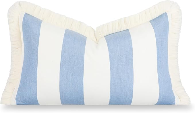 Hofdeco Premium Coastal Hampton Outdoor Performance Lumbar Pillow Cover Only, 12"x20" Water Repellent, UV and Fade Resistant for Backyard, Couch, Poolside, Azure Blue Woven Beach Stripes