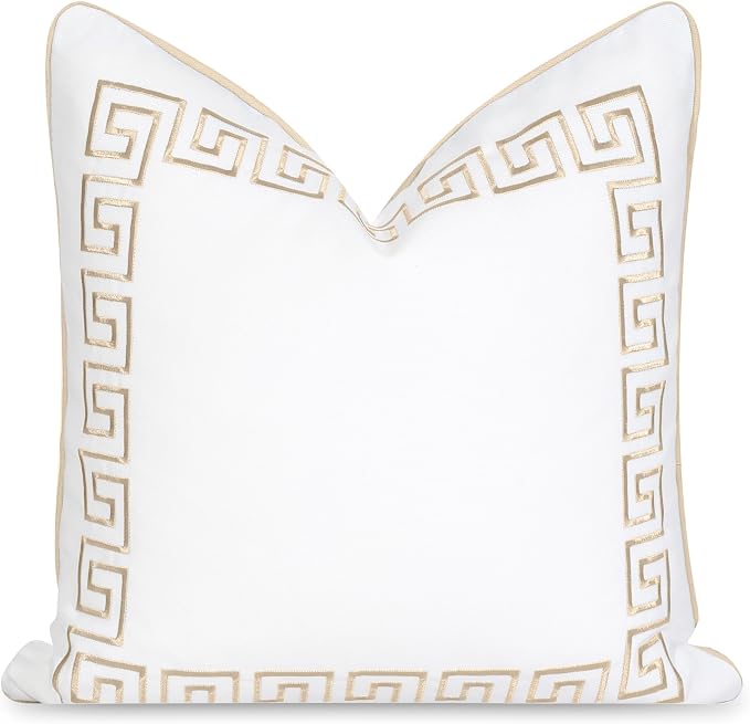 Hofdeco Premium Coastal Patio Indoor Outdoor Throw Pillow Cover Only, 20"x20" Water Repellent for Backyard, Couch, Neutral Tan Embroidered Greek Key with Piping