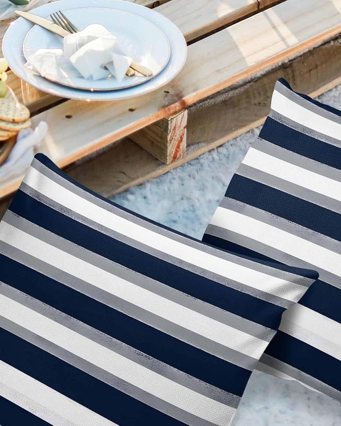 Pack of 2 Blue Grey White Stripes Outdoor Pillow Waterproof Covers 26x26 inch, Classic Geometric Polyester Throw Pillow Covers Garden Cushion Decorative Case for Patio Couch Decoration