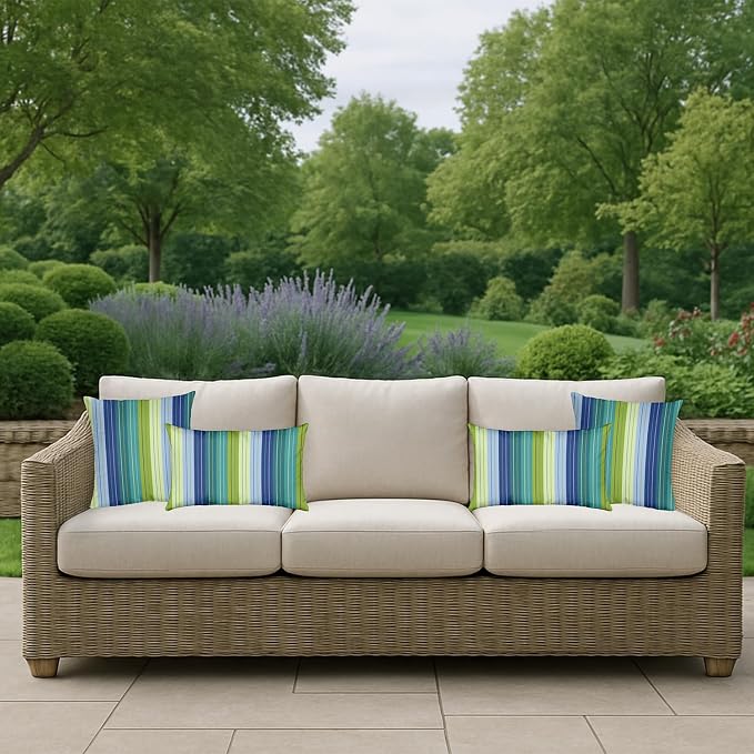 RSH DECOR: Sunbrella Lumbar & Square Pillows Set of 4 | 20" x 12" & 17" x 17" | Water and Fade-Resistant Performance Fabric | Outdoor Throw Pillows for Patio Furniture | Seville Seaside