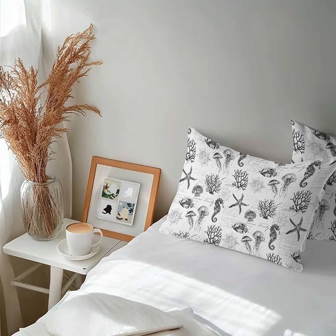 Gray Coastal Waterproof Outdoor Pillow Covers Set of 2 Home Decor, Retro Nautical Starfish Coral Jellyfish Pillowcase Patio Pillow Covers for Couch Bench Furniture Garden 20x12in