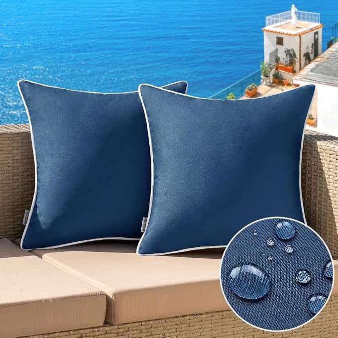 MIULEE Outdoor Waterproof Pillow Covers 18x18 Navy Blue Pack of 2 | Decorative Farmhouse Throw Pillow Covers with Piping,Square Solid Color,Patio Furniture,Summer Couch Tent Sofa Living Room