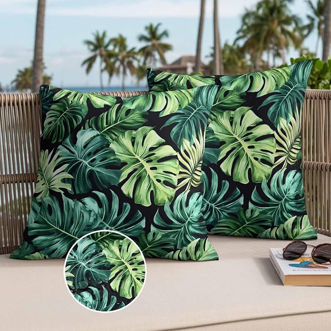 Palm Leaf Waterproof Outdoor Pillow Covers Set of 2 Home Decor, Green Tropical Plant Summer Nature Scenery Pillowcase Patio Pillow Covers for Couch Bench Furniture Garden 18x18in