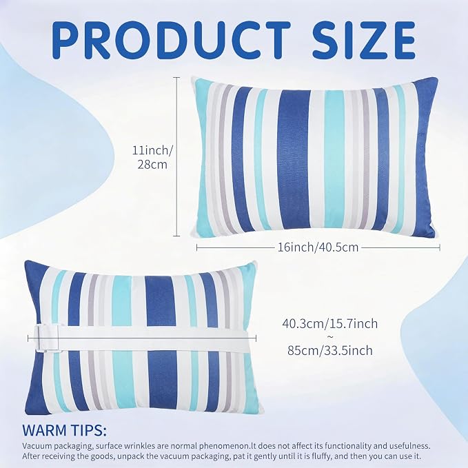cygnus 2pcs Chaise Lounge Pillow with Strap Outdoor Waterproof Pool Chair Neck Headrest Pillows with Adjustable Elastic Band for Beach Patio Chair Recliner 16 x 11 Inches,Blue Striped