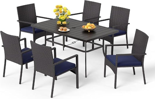 MFSTUDIO 7 Piece Patio Dining Table for 6, 59'' Rectangular Metal Table & Wicker Chairs, Outdoor Rattan Dining Furniture with Umbrella Hole, Deck, Porch