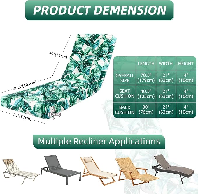 Patio Chaise Lounge Cushions, 70.5"x21"x4" Waterproof Replacement Beach Pool Lawn Outdoor Lounge Chair Cushion, Non-Slip Bottom & Secure Ties for Outdoor Furniture，Agave, 1Count