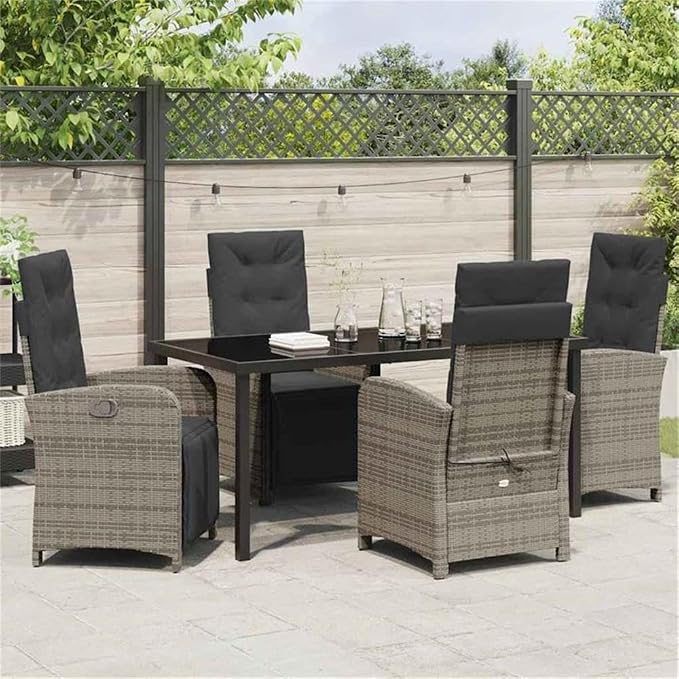 Afuera Living 5 Piece Poly Rattan Garden Dining Set, Gray with Cushions, Tempered Glass Tabletop, Weather-Resistant Frame, Modern Outdoor Patio Furniture for Gardens or Decks, Seats 4