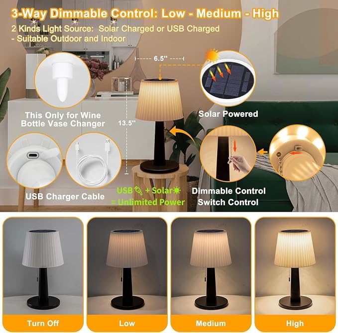 Beautyard Solar Table Lamps Outdoor Indoor - Mothers Gifts 3 Lighting Modes, 4000mAh Eye-Caring LED Waterproof Cordless Solar Desk Lamp with Pull Chain Garden Outside Patio Garden Bedroom