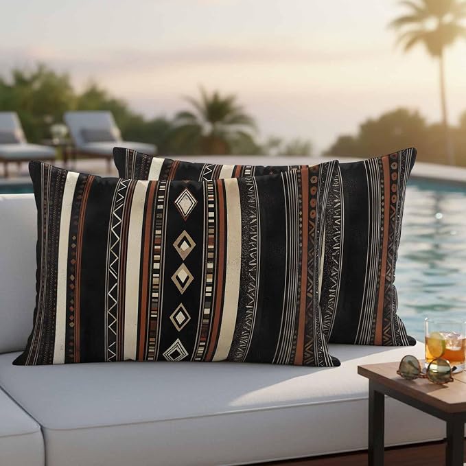 Black Beige Boho Outdoor Pillow Covers 20x12 Inch Lumbar Pillow Covers Set of 2 Waterproof Decorative Throw Pillow Cases Vintage Abstract Geometric Ethnic Cushion Covers for Patio Furniture Garden
