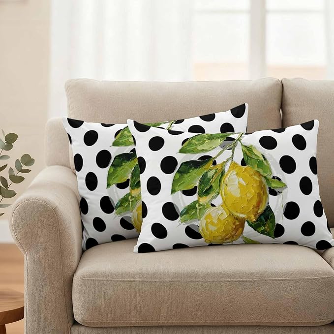 Waterproof Pillow Covers Set of 2,Summer Lemon Polka Dot Outdoor Pillow Protectors with Zipper Pillowcases for Patio Tent Garden Beach 20x12 Inches Country Fruit Oil Painting Style