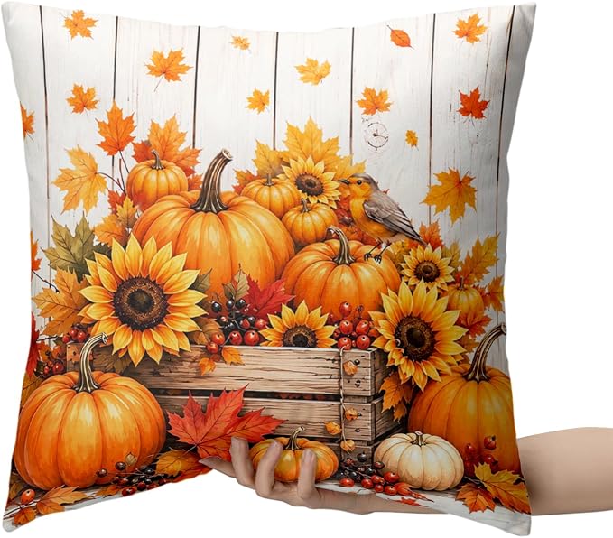 Pumpkin Throw Pillow Covers Harvest Maple Leaf Pillow Cases Thanksgiving Fall Pillow Covers 16x16 Set of 2 Autumn Sunflowers Cushion Cases for Home Bedroom Sofa Couch Patio Garden