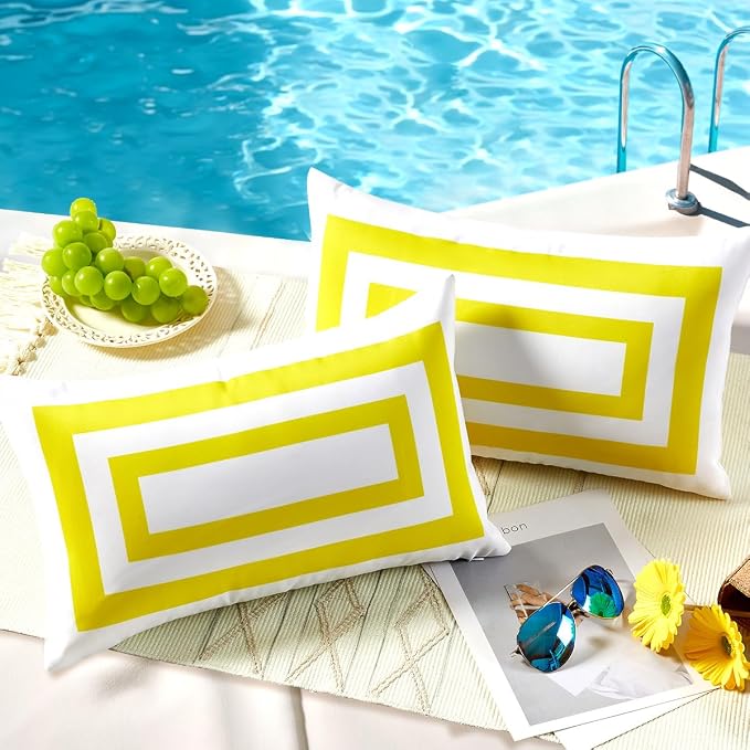 JOJOGOGO 12x20 Mustard Yellow Frame Outdoor Lumbar Pillow Covers Waterproof & Sunproof set of 2, White and Yellow Outdoor Decorative Lumbar Pillows for Patio Furniture and Porch Decor(Without Inserts)