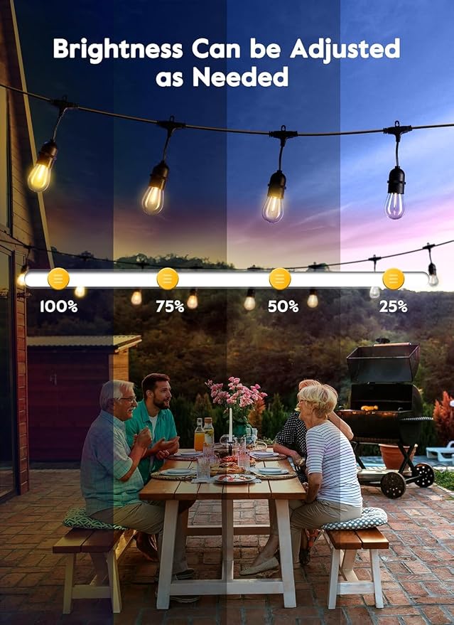Outdoor String Lights, 52FT 15 Bulbs Shatterproof Patio Lights with Remote | IP65 Waterproof Dimmable Hanging Connectable LED Outdoor Lights for Backyard, Bistro, Porch, Deck, Balcony