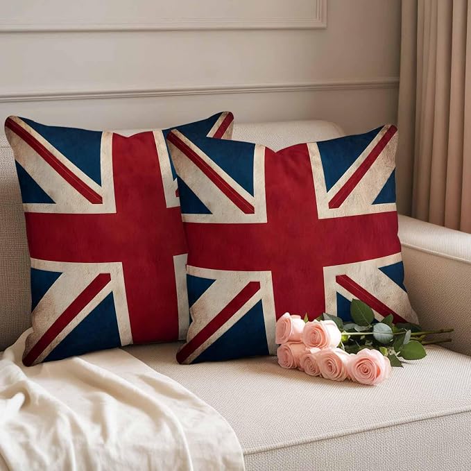 4th of July Outdoor Throw Pillows Covers 18x18 inch Set of 2 Waterproof British Flag Decorative Zippered Cushion Covers for Patio Furniture, Vintage National Flag Independence Day Lumbar Pillowcases