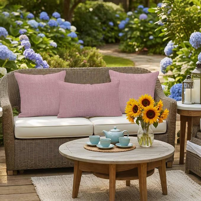 Outdoor Waterproof Throw Pillow Covers Set of 2 Pink Linen Lumbar Pillowcases 20x12 Inches Farmhouse Pure Color Decorative Pillows Cushion Case Patio Pillows for Couch Bed Chair Garden