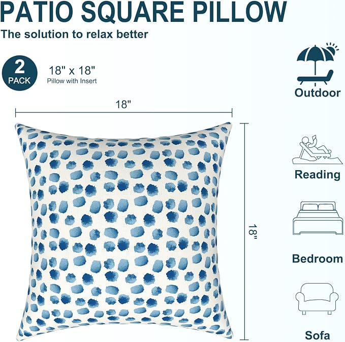 DYTXIII Pack of 2 Waterproof Outdoor Pillow with Inserts, 18x18 Square Patio Decorative Throw Pillow for Home,Sofa,Bench and Patio Furniture,Brush Blue