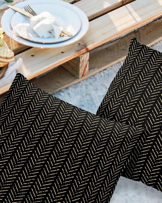 Black Gold Striped Outdoor Pillow Covers Waterproof,All Weather Cushion Case Set of 2 Decorative Pillowcases for Sofa Couch Bed Decor Patio Furniture 24"x24" Boho Minimalist Geometric Bohemia