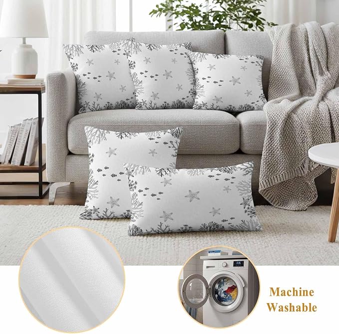 Summer Ocean Grey Coral Outdoor Waterproof Throw Pillow Covers Set of 2, 20"x12", Nautical Sea Watercolor Fish Starfish Decorative Pillow Covers Outside Cushion Case for Patio Porch Garden