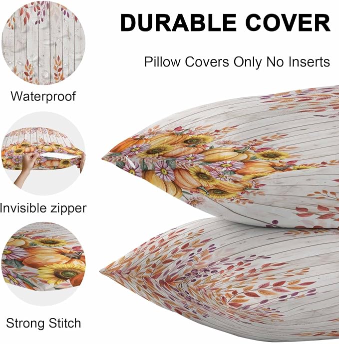 Orange Pumpkins Outdoor Waterproof Pillow Covers, Eucalyptus Leaves Sunflowers Wood Grain Decorative Square Throw Pillowcase Sofa Cushion Sham for Patio/Couch/Chair, 26"x26" 2 Pack