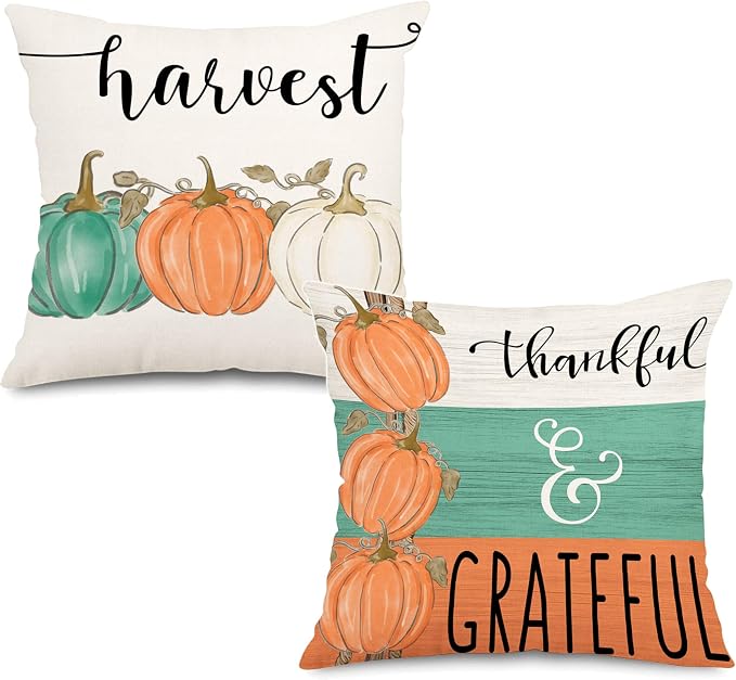 Fall Orange Pumpkin Outdoor Pillow Covers 18x18 Inch Waterproof Harvest Thankful Quotes Seasonal Throw Pillow Covers for Porch Patio Furniture Thanksgiving Farmhouse Decor