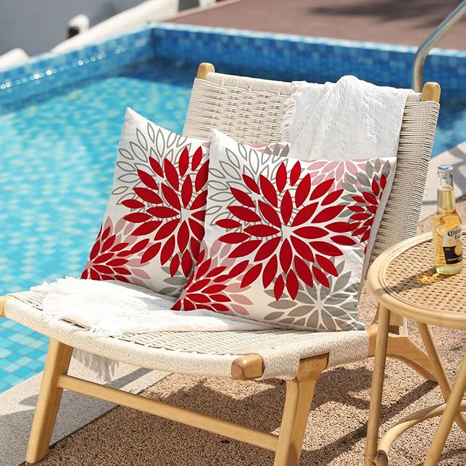 DFXSZ Outdoor Waterproof Pillow Covers 18x18 Set of 2 Red Pink Grey Flower | Spring Summer Waterproof Flower Throw Pillowcases（No Inserts）Decor for Valentines Patio Funiture Garden Polyester Covers