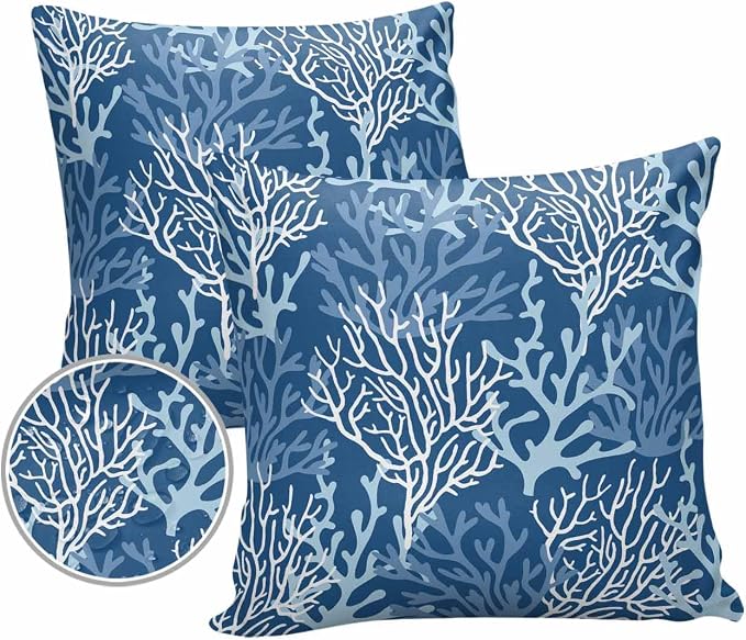 Pack of 2 Outdoor Pillow Covers 18x18 Waterproof Navy Blue Coral Throw Pillow Covers, Decorative Pillowcases Summer Coastal Beach Ocean Cushion Covers for Patio Garden Couch Pillow Case