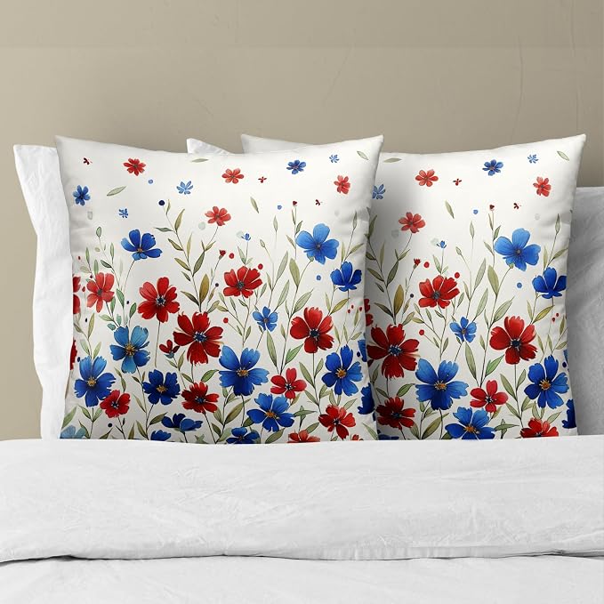 Blue Red Floral Pillow Covers Set of 2-22x22 Inch Summer Wildflower Leaves Patriotic Festival Decorative Square Throw Pillowcases for Sofa Bed Couch Porch Home Decoration