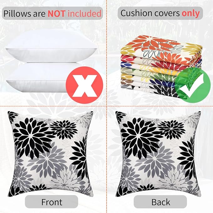 Black and Gray Dahlia Throw Pillow Covers Set of 2 Outdoor Waterproof Pillow Case 20x20 Inches Decorative Cushion Covers Spring Summer for Tent Patio Garden Living Room Sofa Bedroom