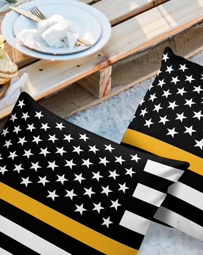 Outdoor Waterproof Pillow Covers Set of 2, Thin Gold Line Dispatchers Dispatch Communications Officer American Flag Patio Throw Pillow Covers, Decorative Cushion Case for Sofa Furniture, 20x20 Inch