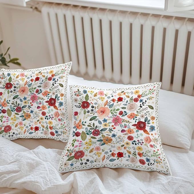 Vandarllin Outdoor Throw Pillows Covers 18x18 inch Set of 2 Waterproof Cream Floral Decorative Zippered Cushion Covers for Patio Furniture, Farmhouse Vintage Flower Lumbar Pillowcases