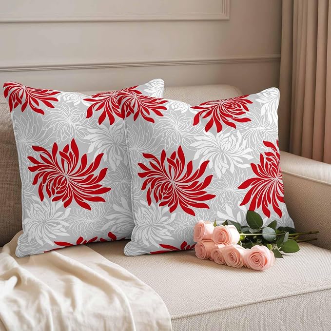 Red Grey Floral Outdoor Pillow Covers Set of 2 Vintage Red White Grey Flower Waterproof Throw Pillow Cover Decorative Cushion Cases for Patio Porch Garden 20X20 Inch