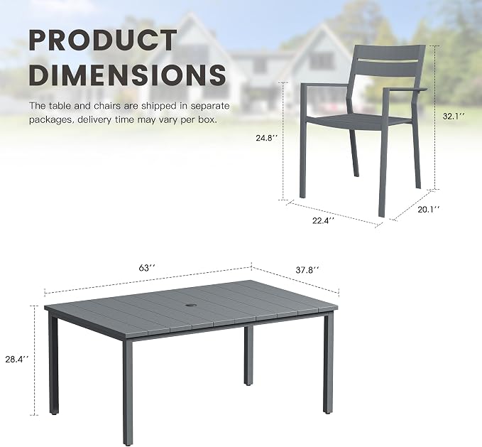 Patio Dining Set for 6, 63" Outdoor Dining Table and Chairs Set with Stackable Patio Chairs Outdoor Furniture for Garden Deck Backyard, Dark Grey Table and Grey Chairs