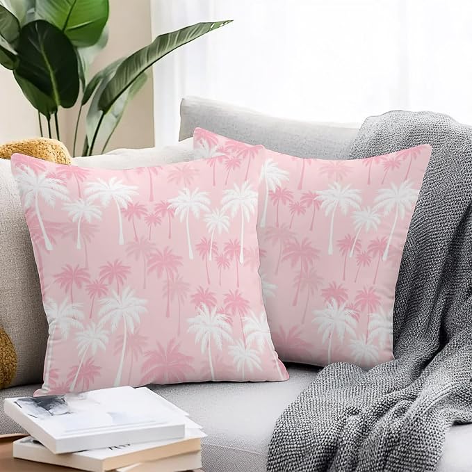 Throw Pillow Covers 26x26 Inch Set of 2, Tropical Palm Tree Waterproof Outdoor Pillow Covers, Pink White Plants Coastal Leaf Beach Decorative Cushion Pillowcases for Couch, Sofa, Bed, Garden, Patio