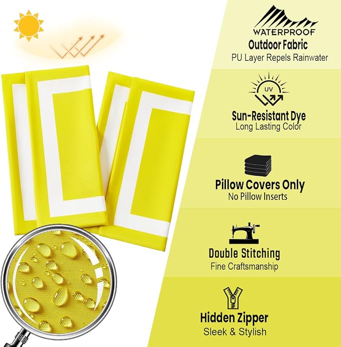 JOJOGOGO 12x20 Mustard Yellow Outdoor Lumbar Pillow Covers Waterproof & Sunproof Set of 2, White and Yellow Outdoor Decorative Lumbar Pillows for Patio Furniture and Porch Decor(Without Inserts)
