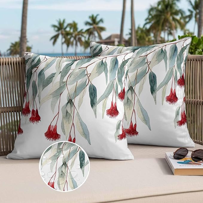 Red Floral Leaves Waterproof Outdoor Pillow Covers Set of 2 Home Decor, Pastoral Rustic Botanical Flowers Pillowcase Patio Pillow Covers for Couch Bench Furniture Garden 20x20in