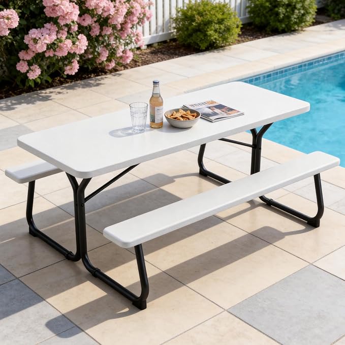 Picnic Table, 6 FT Outdoor Picnic Table with Benches for 8 People, Heavy Duty Picnic Bench Set with Steel Frame, 600LBS Capacity, Patio Dining Table Set for Backyard, Park, Garden, School