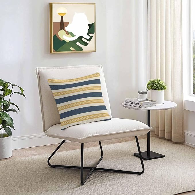 Vandarllin Outdoor Throw Pillows Covers 24x24 inch Set of 2 Waterproof Navy Blue Stripes Lines Decorative Zippered Cushion Covers for Patio Furniture, Yellow Classic Striped Lumbar Pillowcases