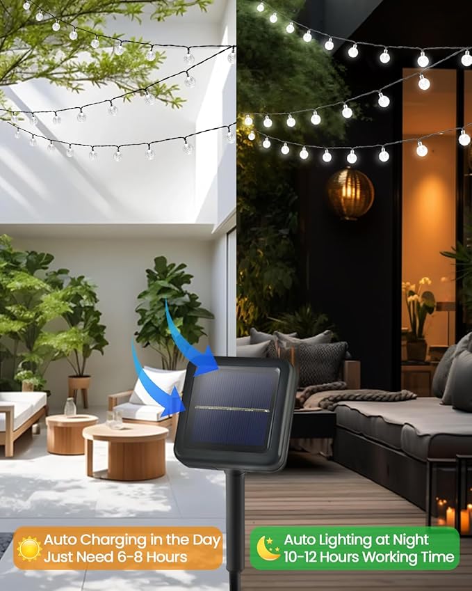 Solar String Lights Outdoor Waterproof 2 Pack 100 LED 64FT Patio Lights | White Crystal Globe, 8 Lighting Modes, Auto On/Off, Solar Powered String Light for Outside Yard Wedding Party Tree Decoration