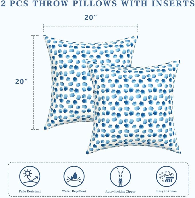 LVTXIII Outdoor Throw Pillows, Decorative Throw Pillows with Inserts, 20"x20" Square Pillows for Bed, Couch, Sofa and Patio Furniture, Set of 2, Brush Blue