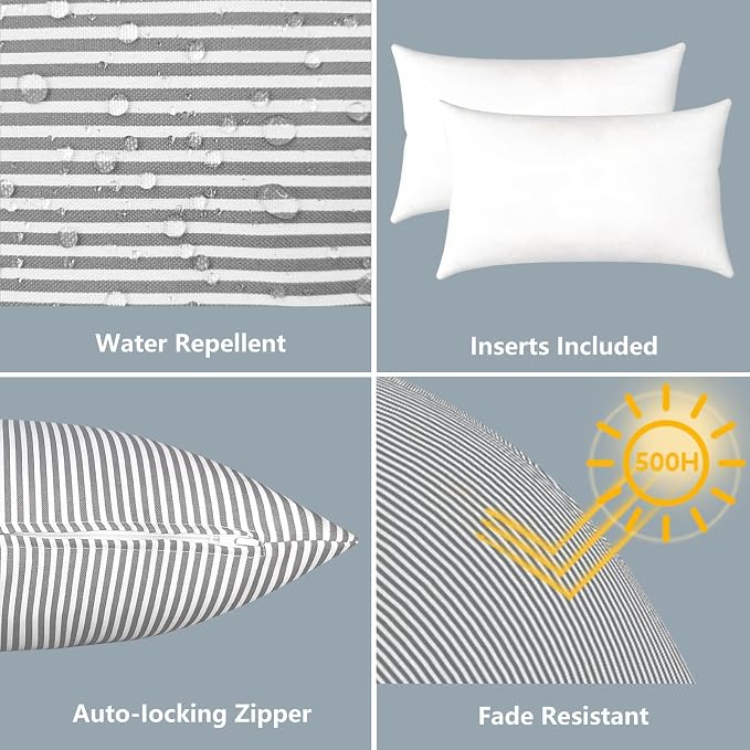 LVTXIII 12×20 Inch Outdoor Lumbar Pillows, Pack of 2 Water Repellent Lumbar Pillow with Inserts, Fluffy Decorative Garden Lumbar Cushions for Home Patio Coach Sofa Use, Topanga Stripe Grey