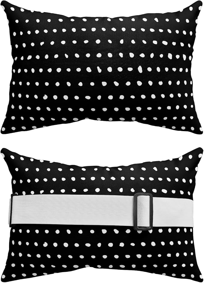 Chaise Lounge Headrest Pillow 2 Pack, Black Waterproof Chair Pillows with Insert & Adjustable Elastic Strap for Beach Pool Recliner, Abstract White Polka Dot Geometric Modern Art Outdoor Patio Pillow