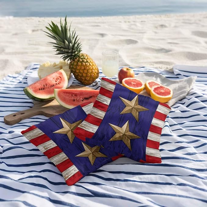 4th of July Outdoor Throw Pillows Covers 24x24 inch Set of 2 Waterproof Patriotic Stars Stripes Decorative Zippered Cushion Covers for Patio Furniture, Red White Blue Wood Grain Lumbar Pillowcases