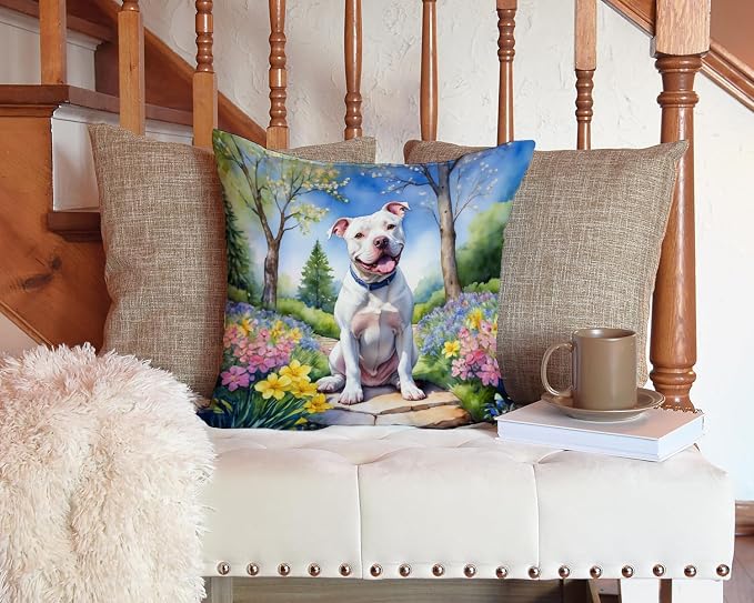 Caroline's Treasures Pit Bull Terrier Spring Path Throw Pillow Machine Washable, Indoor Outdoor Decorative Pillow for Couch, Bed or Patio, 14Hx14W
