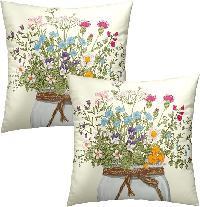 Wildflower Throw Pillow Covers 18x18 Inch Set of 2 Flowers Leaves Bouquet Vase Spring Summer Seasonal Decor Cushion Cover for Bedroom Sofa Living Room Couch Bench Outdoor