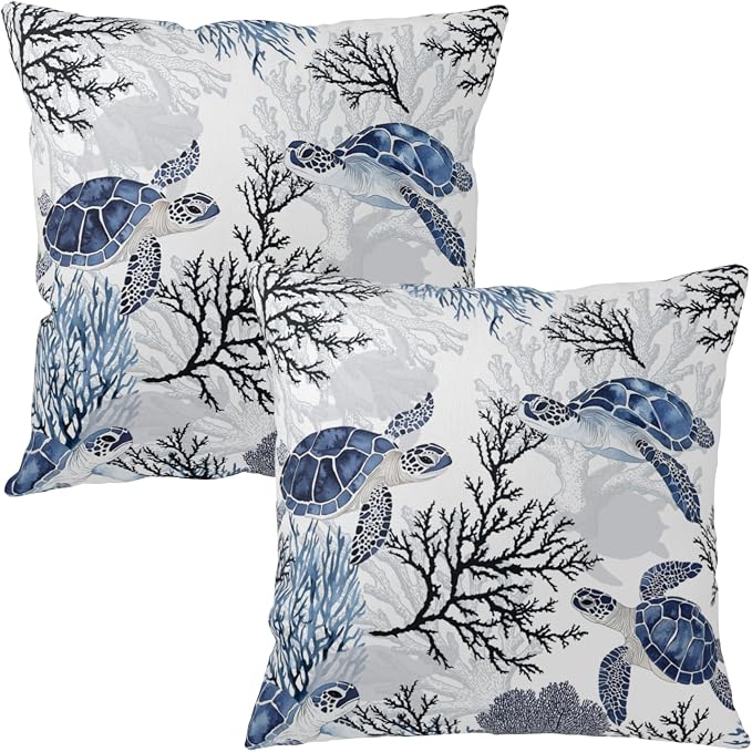 Sea Turtle Pillow Covers Nautical Coastal Throw Pillow Covers 18x18 Set of 2 Beach Ocean Themed Pillow Cases Blue Coral Branch Outdoor Cushion Cases for Living Room Bedroom Garden